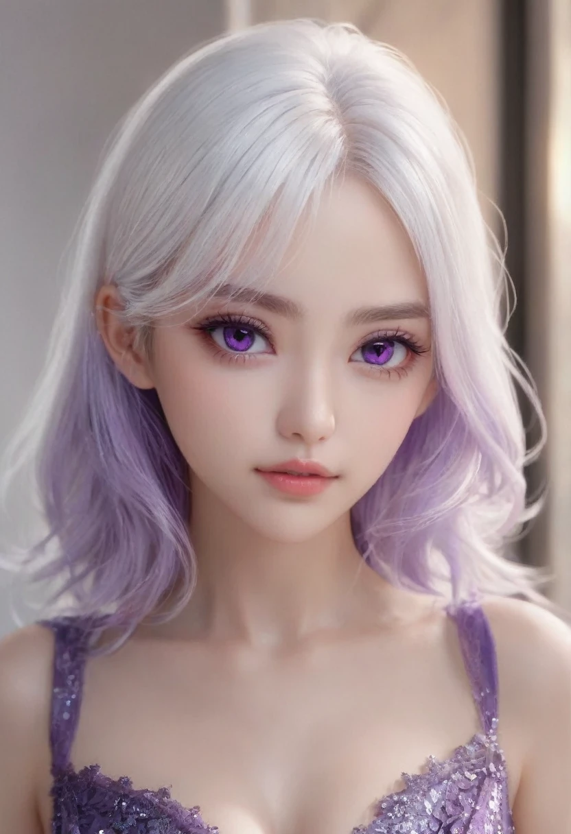 (hyperrealistic), (illustration), (high resolution), (8K), (extremely detailed), (best illustration), (beautiful detailed eyes), (best quality), (ultra-detailed), (masterpiece), (wallpaper), (photorealistic), (natural light), (detailed face), (high detailed realistic skin texture), (anatomically correct), (solo), (1 girl:1.52), (high detailed realistic hair), (white hair:1.35), (heterochromic eyes), (detailed eyes), (purple eyes:1.37), (sparkling eyes), (realistic huge breasts:1.53), (slender abs), (dynamic pose), (closed tiny mouth:1.3), (concentrated expression), (upon body from head to thigh:1.51), (dimple:1.34)
