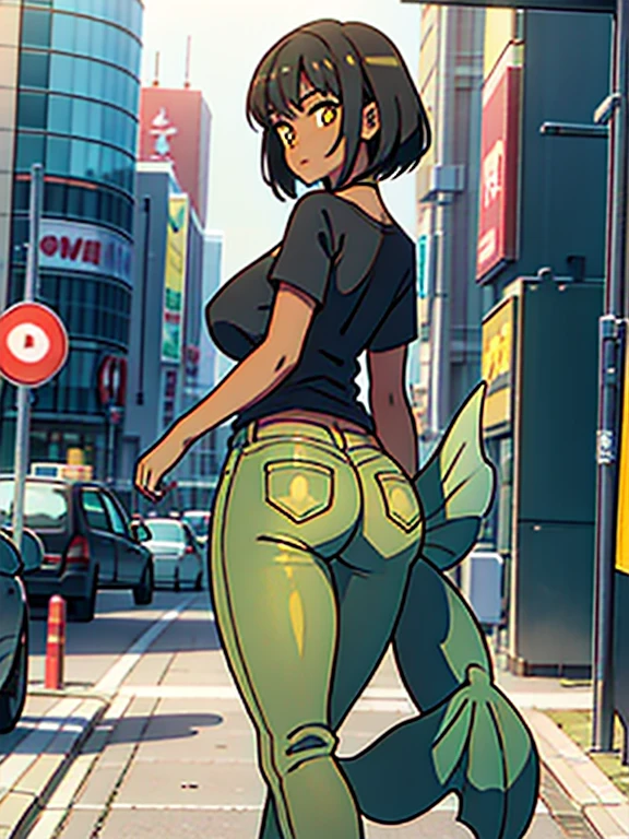 masterpiece, best quality, dark skin, short hair, yellow eyes, black hair, beautiful girl, thin, full body, plan boobs, short boobs, small boobs, big butt, wide thigh, mermaid stamp green t-shirt, short jeans, walking on Shibuya