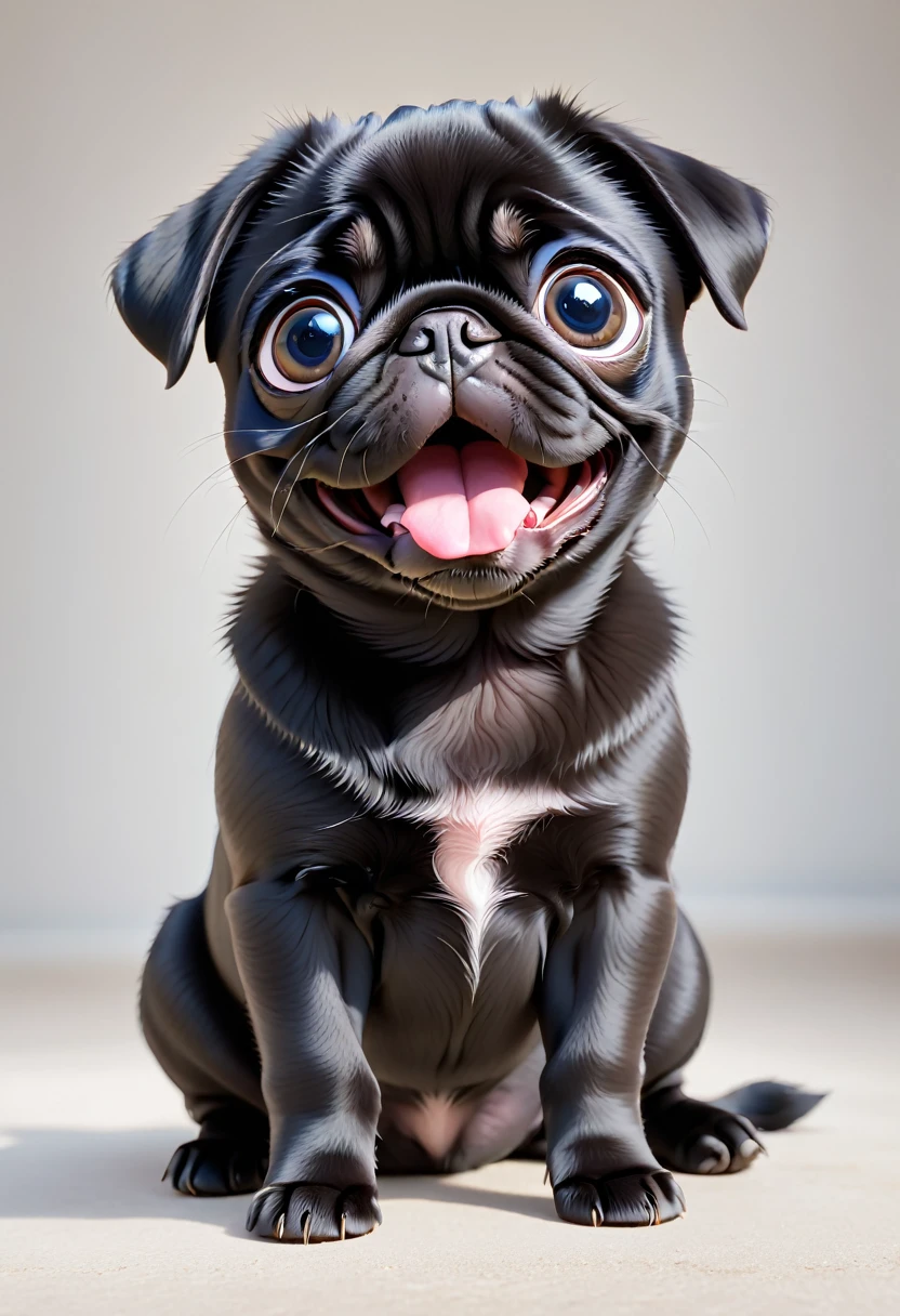 A black-coated pug puppy、(((Frightened face:1.3)))、(Black hair only:1.3)、(No clothes:1.3)、pet Shop、(No collar)