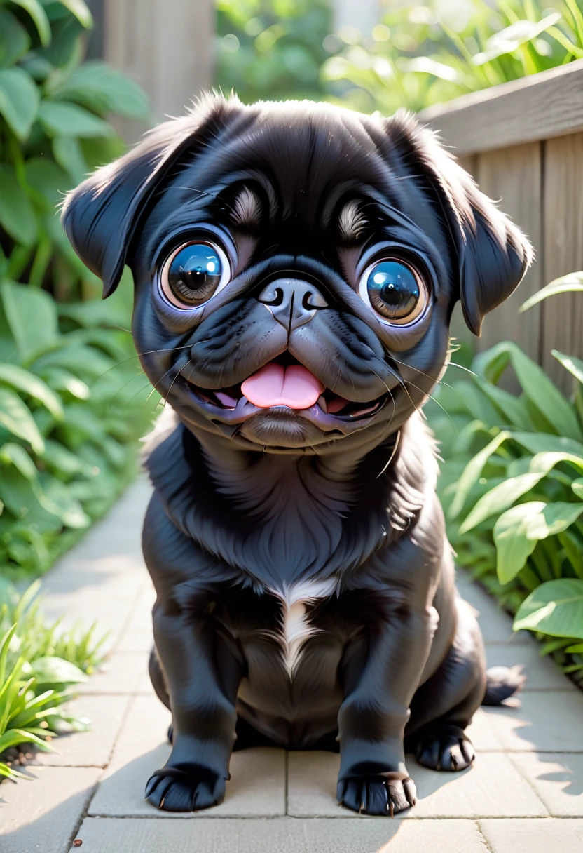 A black-coated pug puppy、(((Frightened face:1.3)))、(Black hair only:1.3)、(No clothes:1.3)、pet Shop、(No collar)