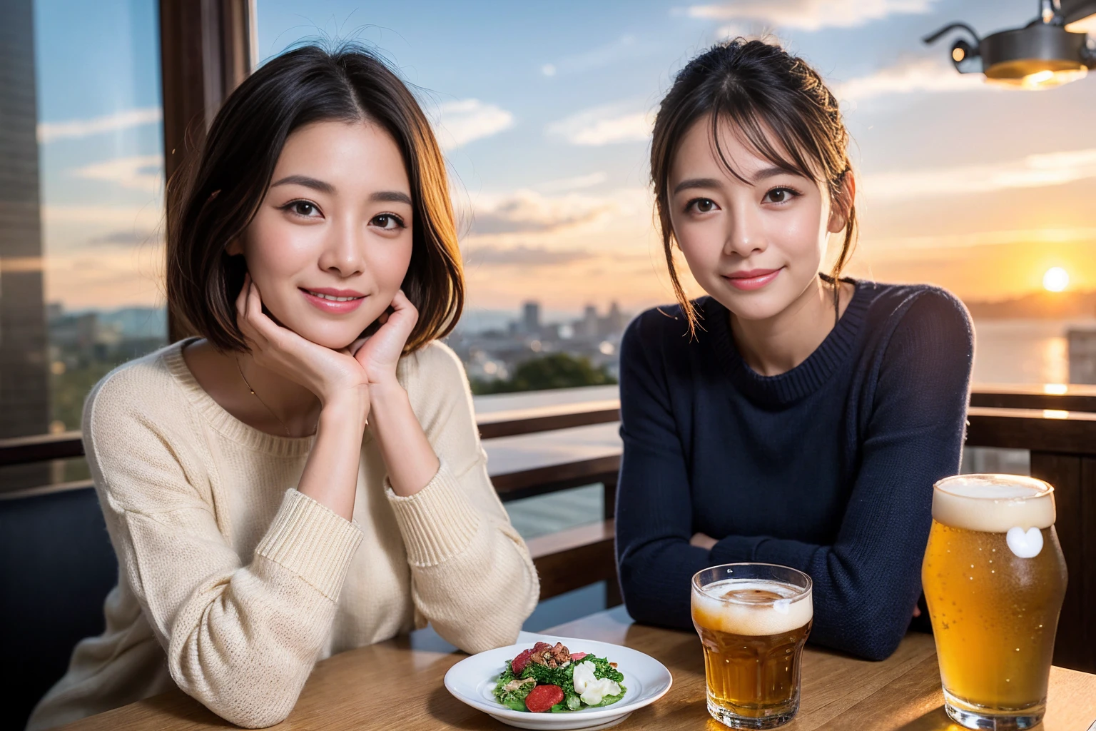 ((highest quality、8k、masterpiece:1.3))、 (Real, Genuine、Face carefully、Bright image、Intricate details:1.2), 最高のsmile、1 male, 1 female、Beautiful couple、Lovers、Japanese couple、A gentle lover、actress、model、smile、Glasses on the table、full-course dinner、 (Slim face), (the body is slim), (Brown Hair), (short hair), Please put light on my face、 Amazing view of the sunset sky and clouds、 (42 years old), 45 years old, Cashmere sweater, Super Fine Face, Delicate eyes, double eyelid, Japanese sake,Junmai Ginjo,Sake Glass, Shochu、Beer 