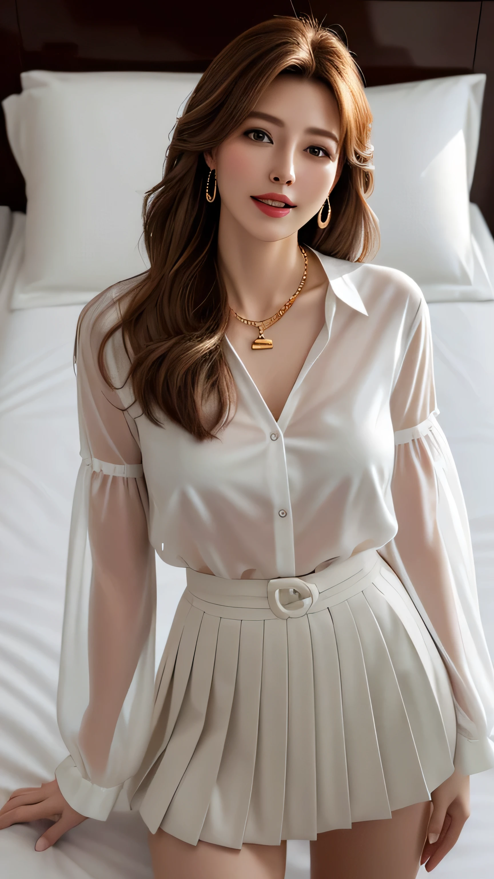masterpiece, highest quality, Realistic, Super detailed, In detail, High resolution, 8k wallpaper, 1. Beautiful Women, Light brown hair, Sharp focus, Perfect dynamic composition, Beautiful fine details, Fine hair, Detailed and realistic skin texture, smile, Portraiture, Model Body Type,white long see-through sleeves button up blouse_white pleated mini skirt_red long ribbon tie、full body portrait、Long straight hair_Hair reaching down to the waist、Place your left hand gently on your chin,gold necklace_Large earrings,full figure supermodel standing, entire body in frame、12cm high heels,standing gracefully、chest thrusting pose, chest bragging pose,open her mouth,close her eyes、in a hotel bed_Lying_Are sleeping_mouth slightly open_I have my eyes open a little_Trance_pleasure_sigh、Gently bite the thumb of your right hand、Look to the side
