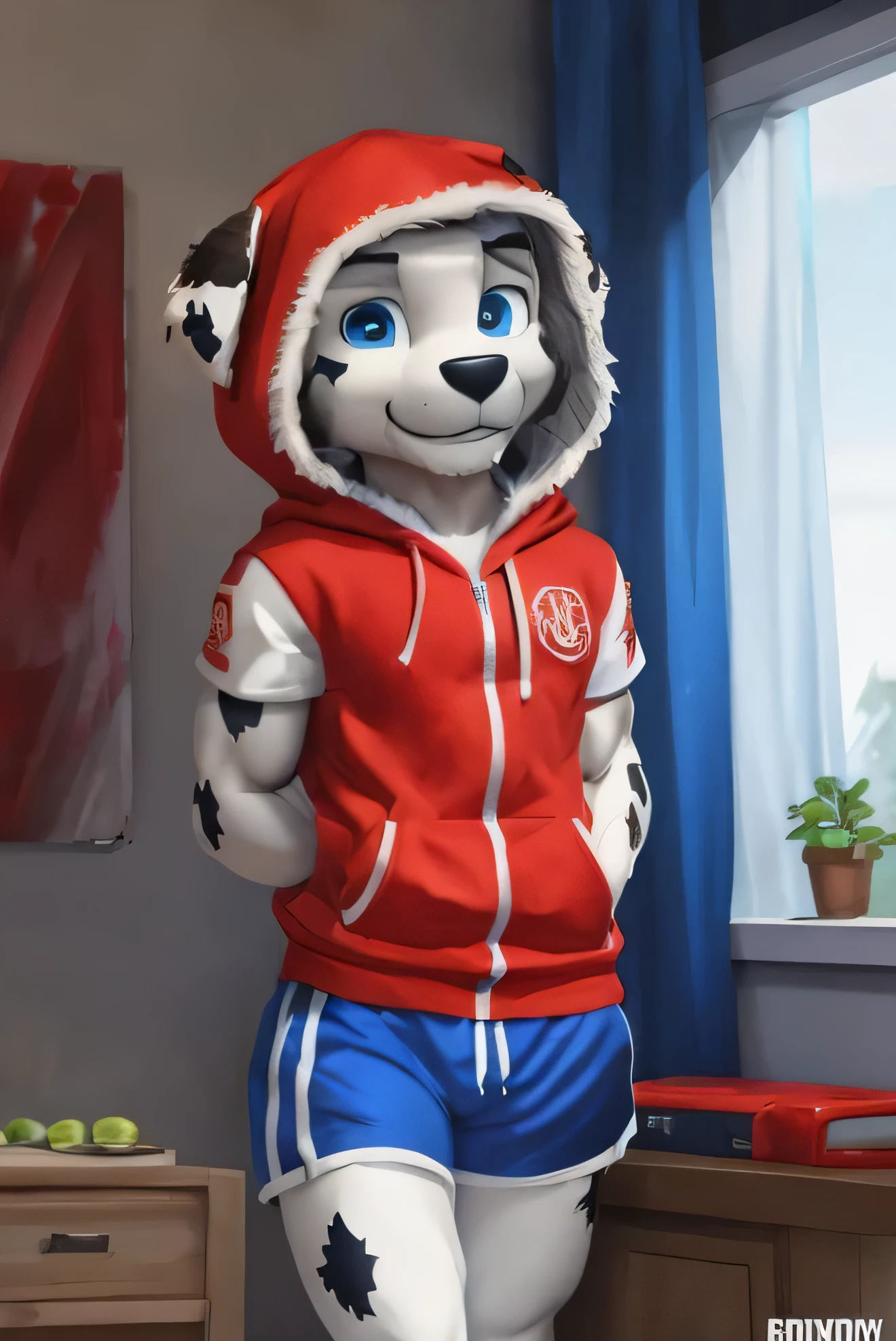 No background, white background, ((by keihound, by reysi)), by Zackary911, by fluff-kevlar, Furry, Anthro, ((Australian Shepard)), detailed fur, ((teen)), ((small)), ((short)), dynamic pose, sitting, short white hair, ((short fluffy tail)), ((red leotard, lifeguard, long sleeve leotard, bulge)),