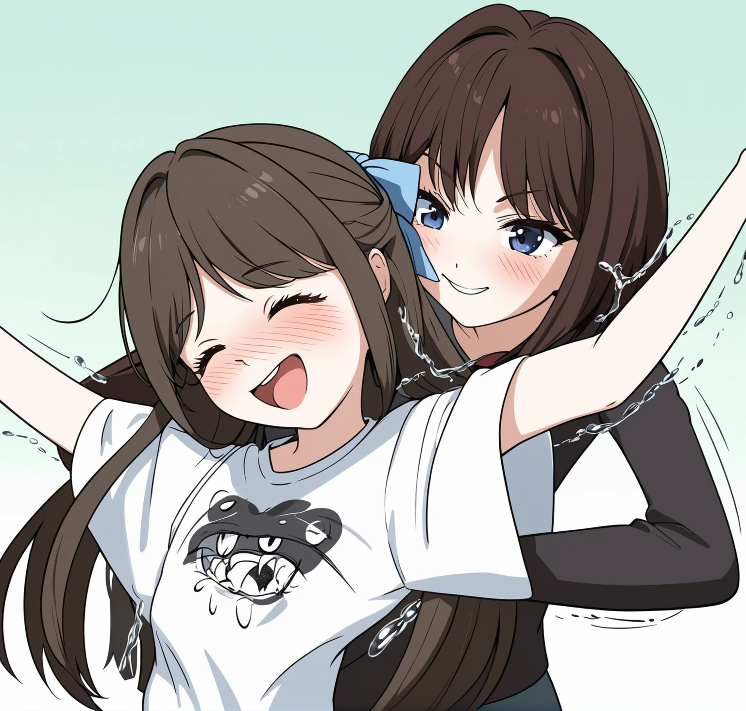 two extremely delicate and beautiful girls,Girl in white shirt raising her arms,The other girl put her hand into the sleeve of the girl in the white shirt with a sly smile,(laughing:1.4),(big mouth:1.1),open mouth,happy,(frown:1.3),crazy smile,(pain face:1.2),blush,tears,sweat,(tickling armpits),((trembling)),(((masterpiece))), (((best quality))), (official art), ((extremely detailed CG unity 8k wallpaper)), (Best character details), ((ultra-detailed)), (illustration), (dynamic angle),