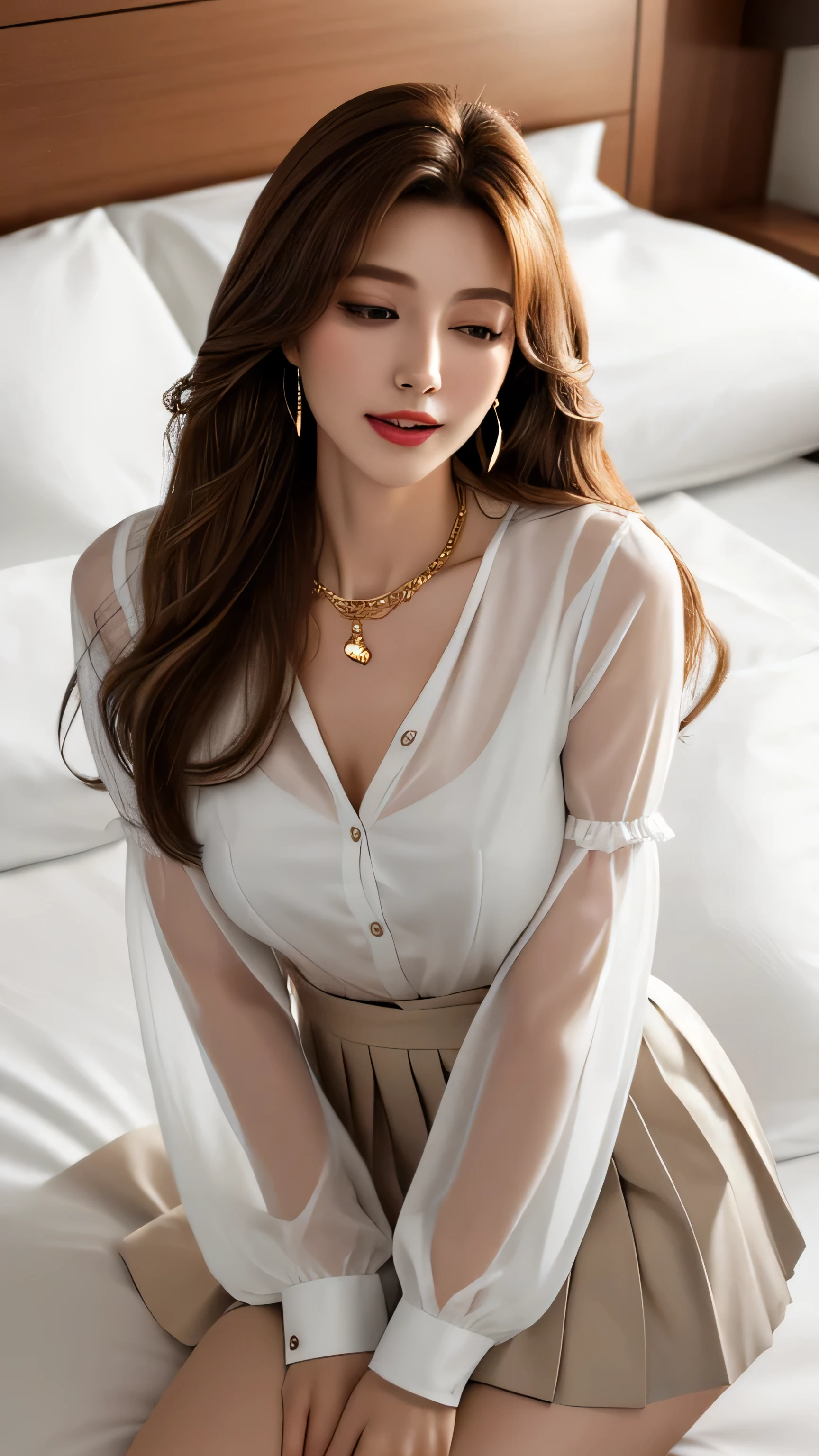 masterpiece, highest quality, Realistic, Super detailed, In detail, High resolution, 8k wallpaper, 1. Beautiful Women, Light brown hair, Sharp focus, Perfect dynamic composition, Beautiful fine details, Fine hair, Detailed and realistic skin texture, smile, Portraiture, Model Body Type,white long see-through sleeves button up blouse_white pleated mini skirt＿red long ribbon tie、full body portrait、Long straight hair_Hair reaching down to the waist、Place your left hand gently on your chin,gold necklace＿Large earrings,full figure supermodel standing, entire body in frame、12cm high heels,standing gracefully、chest thrusting pose, chest bragging pose,open her mouth,close her eyes、in a hotel bed_Lying_Are sleeping_mouth slightly open_I have my eyes open a little_Trance_pleasure_sigh、Gently bite the thumb of your right hand、Look to the side