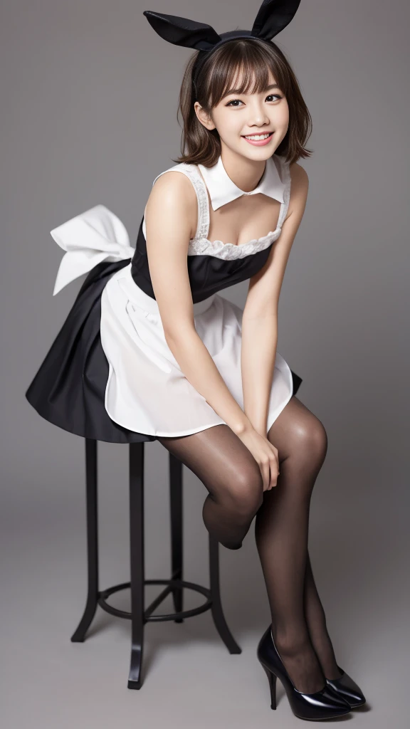 Bunny girl in maid outfit:1.5,Wearing black tights:1.5,The best smile:1.5,Full Body Shot:1.5,Gray background:1.5,Wearing black high heels:1.5,Short hair with side waves:1.5,Yankee sitting:1.5