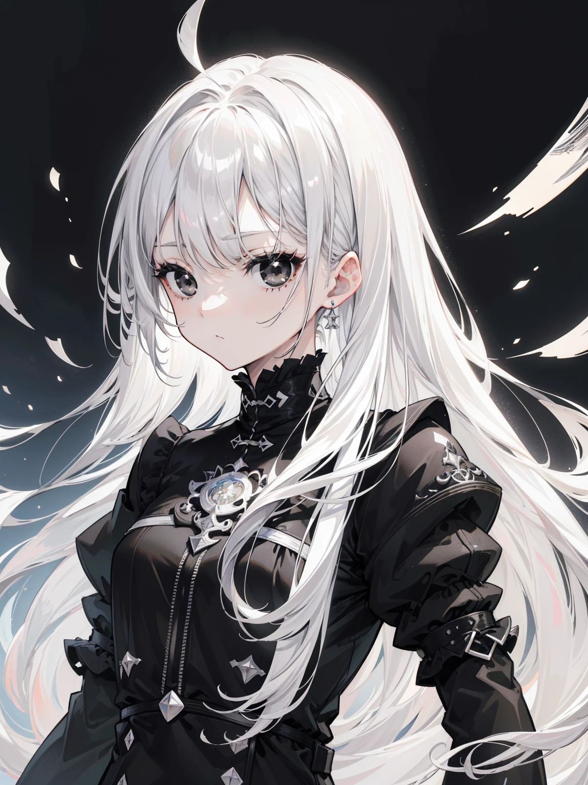 (Top image quality)、(Ultra Detailed)、(Facing forward)、top quality、masterpiece、(((1 girl)))、Silver Hair、white hair、((Long hair))、(black eyes:1.6)