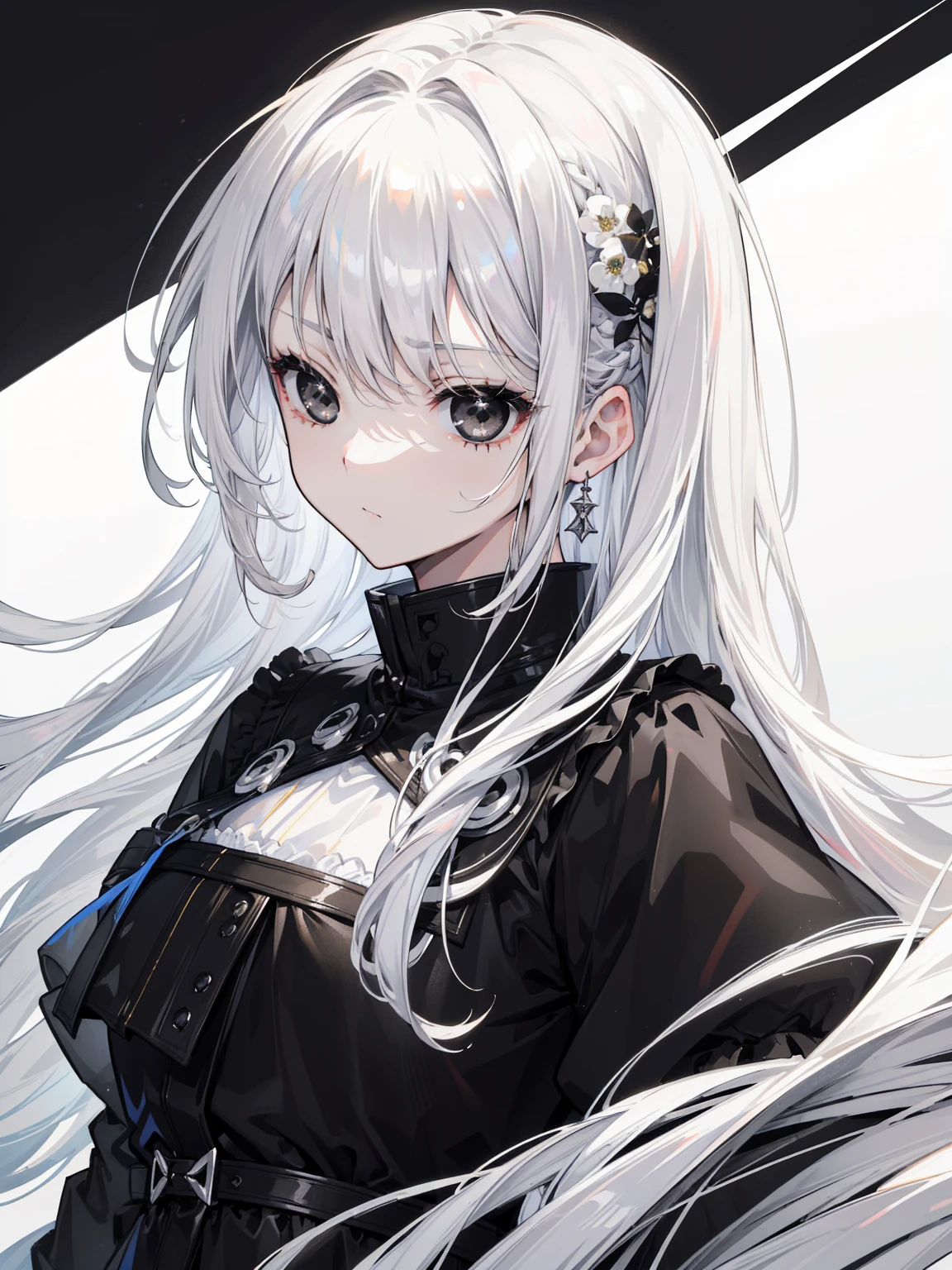 (Top image quality)、(Ultra Detailed)、(Facing forward)、top quality、masterpiece、(((1 girl)))、Silver Hair、white hair、((Long hair))、(black eyes:1.6)