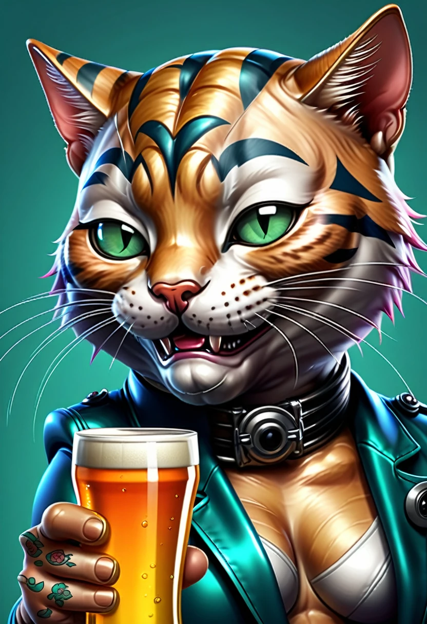 a medium quality digital illustration of a funny and adorable (cat) wearing mascara, sipping beer, with yakuza tattoos, cartoon style, colorful, humorous, cute, character design, unique concept, detailed, vibrant colors