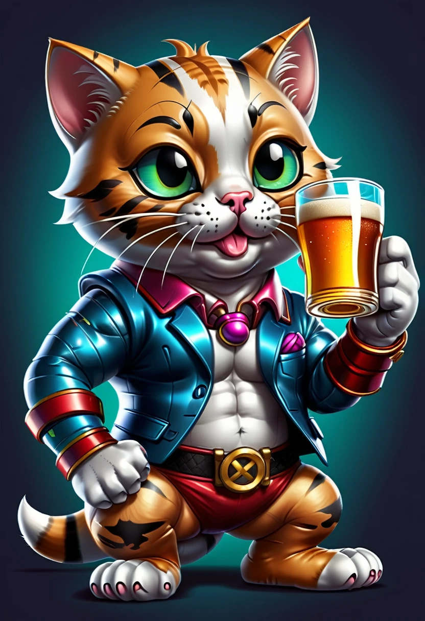 a medium quality digital illustration of a funny and adorable (cat) wearing mascara, sipping beer, with yakuza tattoos, cartoon style, colorful, humorous, cute, character design, unique concept, detailed, vibrant colors