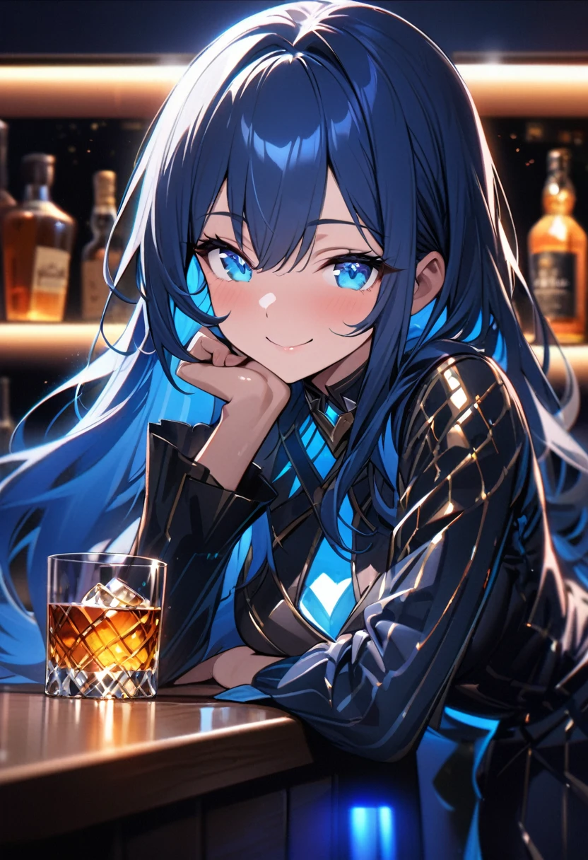 (masterpiece), (best quality), (sharp focus), (depth of field), (female): solo, (perfect face), (detailed outfit), (little girl),(smile), beautiful female,blue eyes, whole body,blue hair, long hair,(((((background of night view))))), (((in a bar))), wine, whisky, highball,(shiny luminous, effects:1.2)