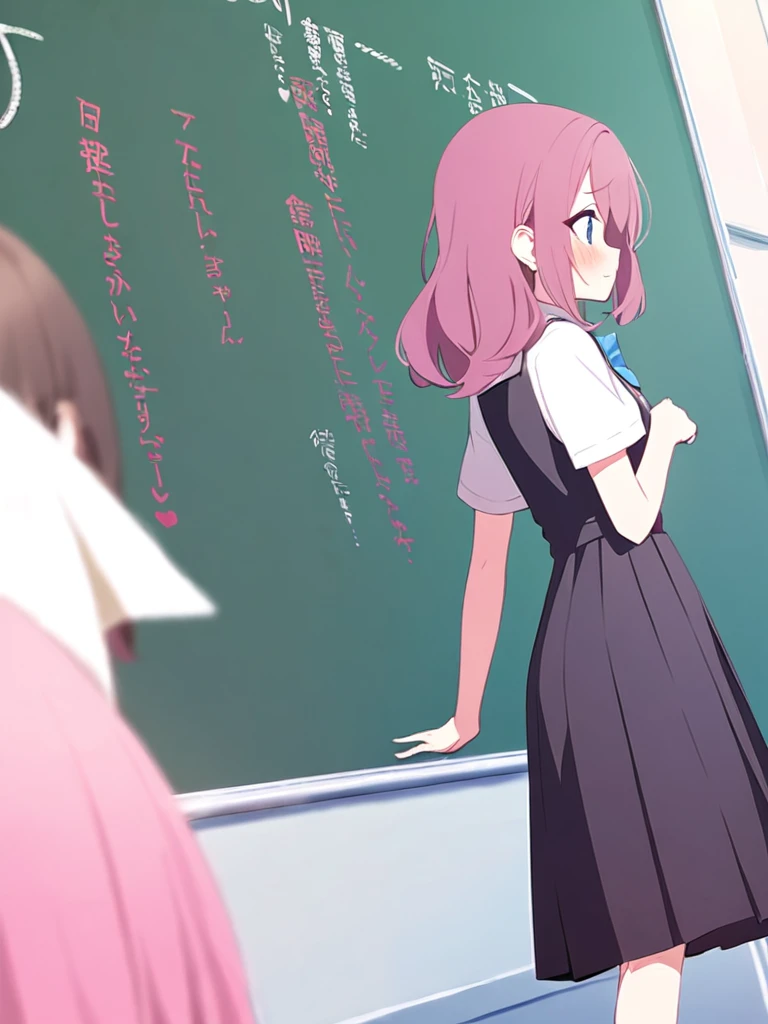 One girl、Standing in front of a blackboard、Wearing 、Dark pink hair、blue eyes、Attention posture、Blushing
