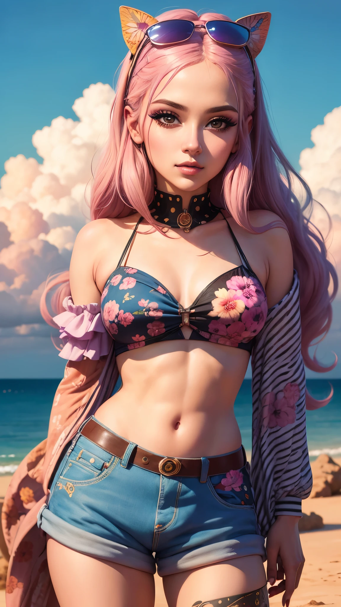 A woman with colorful hair and makeup posing for a photo in a fantasy world inspired by Lisa Frank. The sky is a vibrant pink and the clouds are an electric blue, while the ground is covered in pastel colored flowers and butterflies. El retrato es una mezcla de pop surrealism y arte pop, con detalles detallados y una mirada deslumbrante