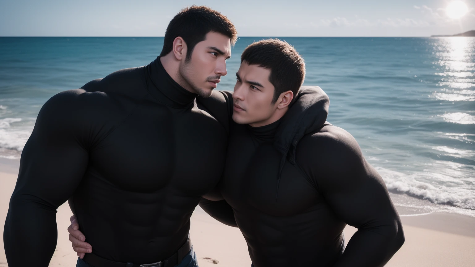 2 men, photo-realistic. A handsome 2, fit Caucasian man with fade-cut, brown hair, and blue eyes, wearing a slate blue swimsuit, in front of, and sucking the cock of a pleased, moaning, handsome 2, muscular, Caucasian, male jock, with short, blond hair, stubble, and blue eyes, wearing a red speedo, pulled aside to reveal his huge hard cock, standing on wet sand, underneath a wooden pier, at the beach, on a summer afternoon. His cock is exploding with cum, and it is dripping down the face and body of the younger man. Sexy, masculine, hard cocks, big bulge, NSFW, cum soaked, men.