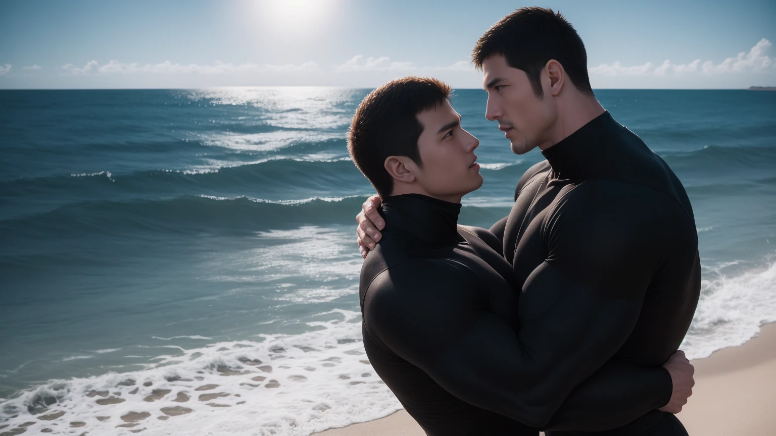 Super muscular man hugging,  Open your mouth and scream，Look at each other affectionately，They embrace affectionately，short hair，Beach under the scorching sun, Wear long sleeves, Deep turtleneck bodysuit, Thickened warm elastic texture，Beach by the sea，beautiful landscape，The expression is arrogant, Thick thighs, messy hair, Thick thighs, High-necked long-sleeved dark yellow high-necked tights, very tight, Regular symmetrical pattern, Highlight muscles, Police uniform pants, character concept（Resident Evil - chris redfield, chris redfield）A proud expression, Deep and charming eyes, Valiant male pose, tall Burly, muscular！muscular thighs, Tough Guy, Perfect facial features, High, Burly, Heqiang, Super exquisite and cool, High Resolution Committee, Attractive, The sun is blazing, Dazzling