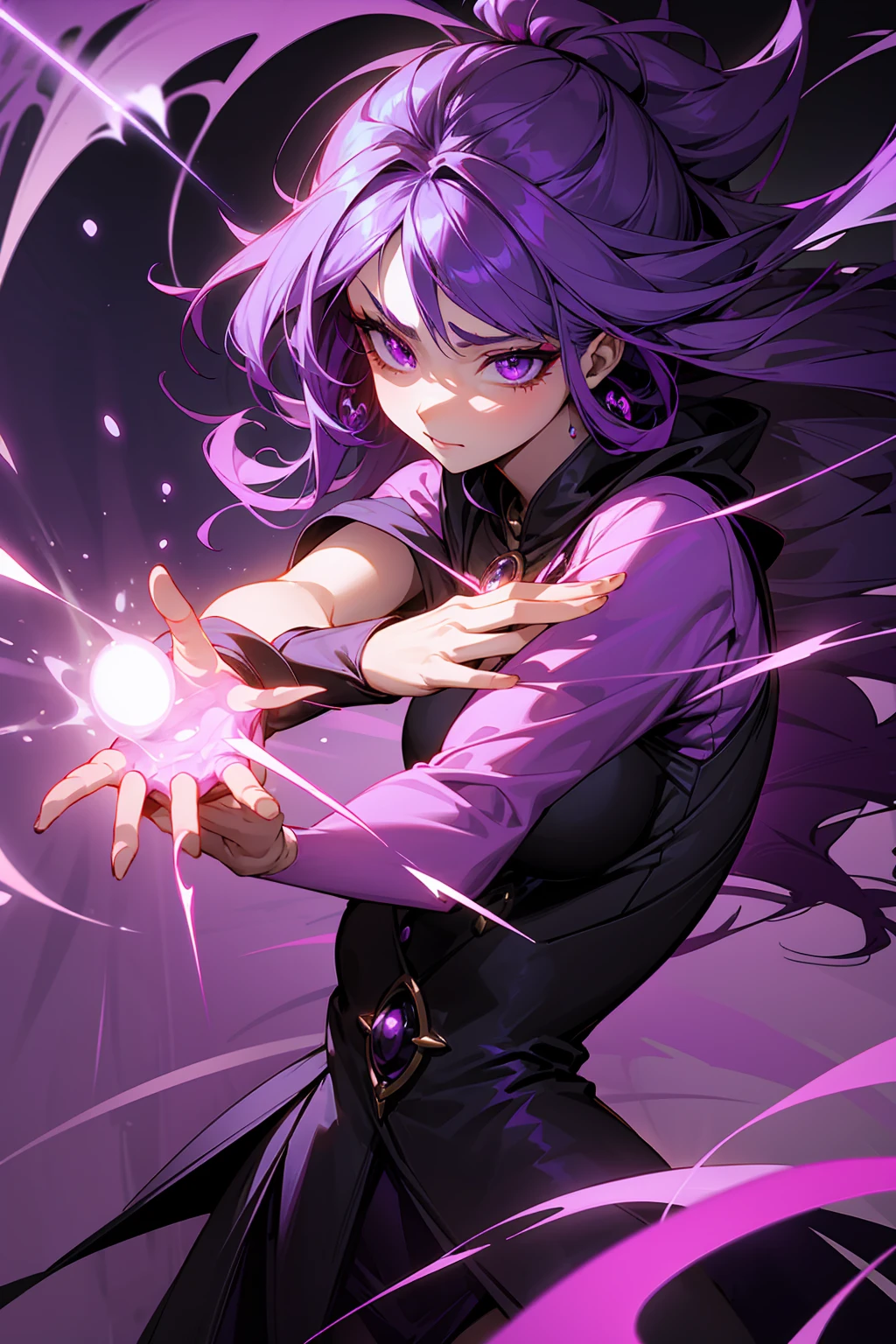 Illustrate a powerful D&D woman mage with purple skin, long wavy purple hair, and neon purple eyes. She radiates with vibrant neon purple energy, dressed in a short purple and black dress that accentuates her magical aura. Her presence exudes power and confidence as she commands the arcane forces around her. The scene captures her in a moment of intense magical concentration, surrounded by swirling neon purple energies that manifest her formidable magical abilities.