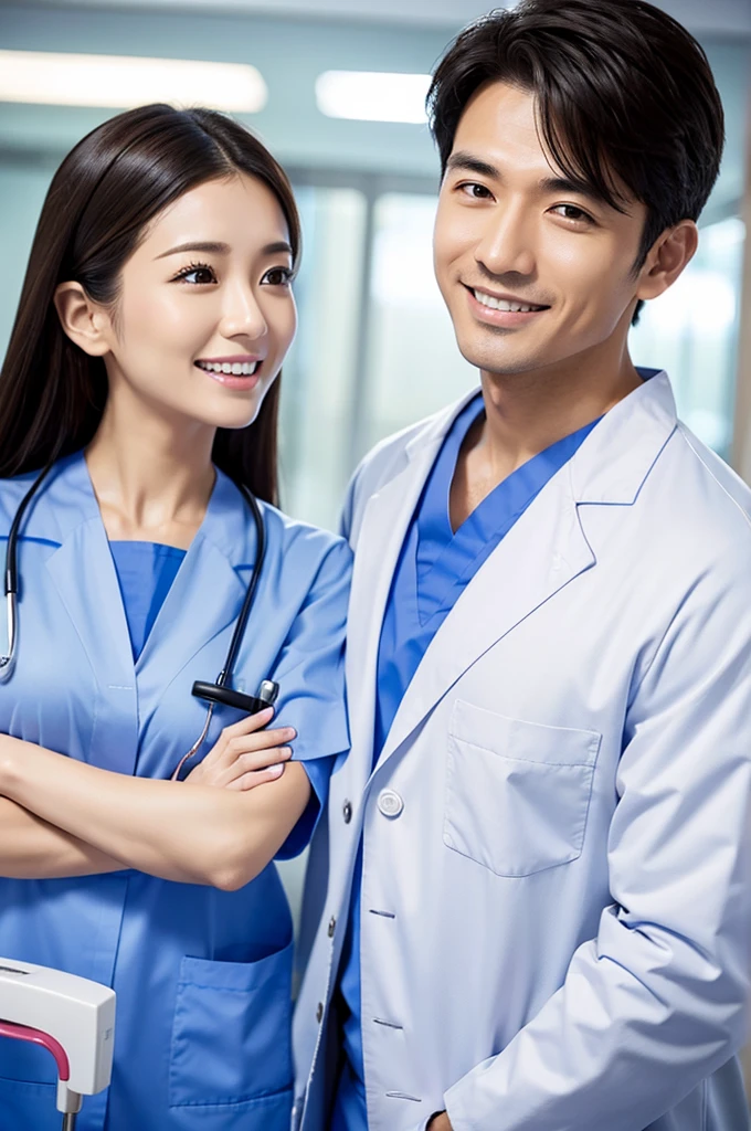 Male dentist and female dental hygienist　２people　A good business partner　日本people系　Wearing a lab coat　Wearing medical scrubs　Upper body close-up　high resolution　high resolution　highest quality