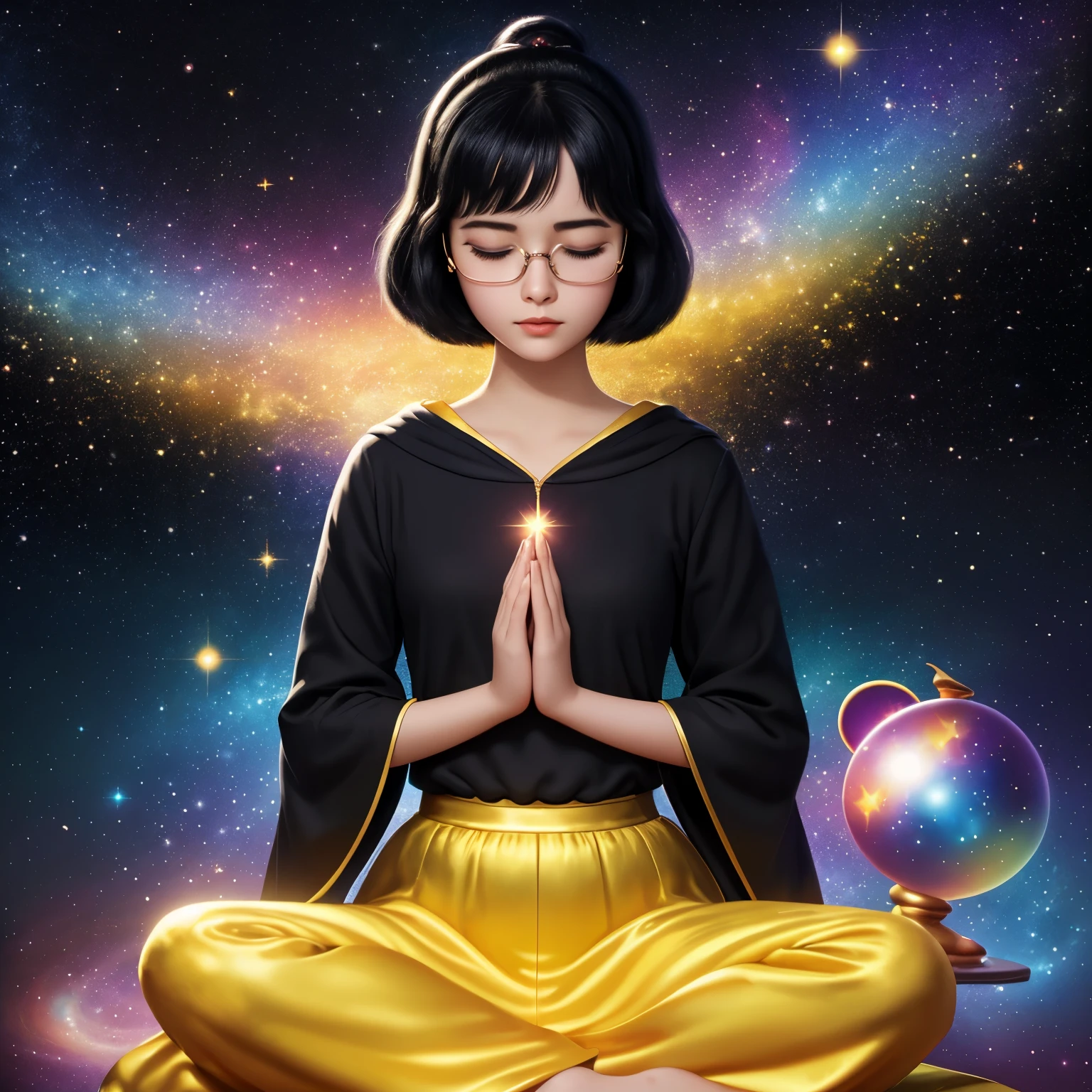 Professional and super high quality Disney Pixar posters。 "sabrina" Black hair and glasses、A girl in a nice outfit is meditating quietly with her eyes closed, Galaxy Background, colorful aura, 3D Animation, Golden sparkling light