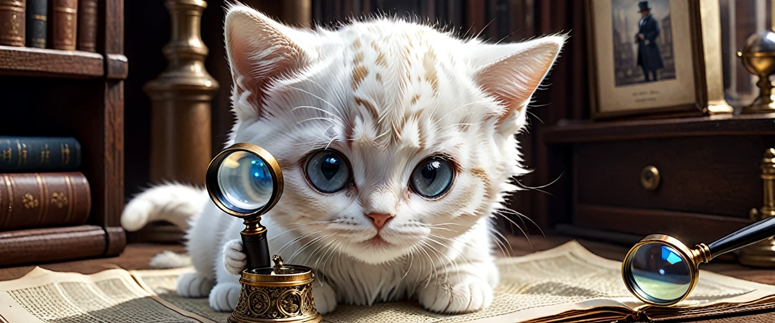 C4tt4stic, set in late 19th century London, looking through a magnifying glass, illustration of a small cute creature, small cute creature dressed in detective Sherlock Holmes costume, fantasy art, intricate detail, Jean-Baptiste Monge style, Jean-Baptiste Monge style Alan Lee style, anthropomorphic white kitten, movie scene, dramatic shot angle, atmospheric particles, realistic, raw cinematic photorealism, action portrait, 8k, detail, center, full frame