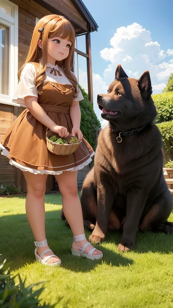 cinnamon sable colored male fat chow-chow dog weighing 30kg is playing on the lawn of an aesthetic small house with pretty female cream chow-chow dog weighing 20kg. With a beautiful view of the evening sky.