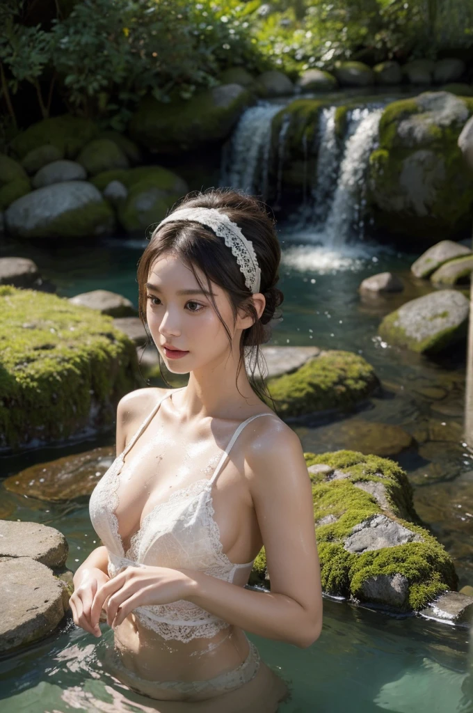 best quality, masterpiece, Ultra-high resolution, A supermodel soaks in a hot spring in Japan, Outdoor hot spring, Stone hot spring, Surrounded by moss and trees, super beautiful face, Pure body, Clearly visible pores, (Smile:0.8), Wearing separates (Lace headband:1.2), (realism:1.5), original photo, wet body, Sweating all over, Bare shoulders, in the darkness, Deep Shadows, Low profile, Cold Light