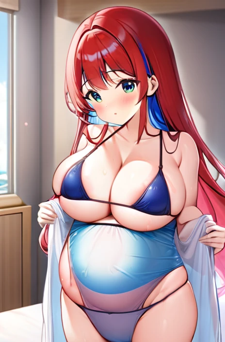 Pregnant women,Pregnant belly,Multiple births,Swimwear,Big Breasts,Red and blue hair,Hair Gradient,Long Hair