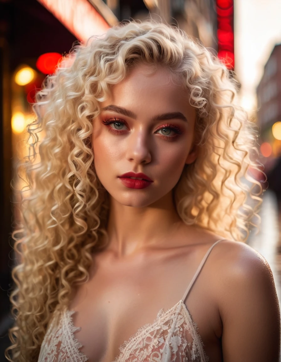 very attractive 25 year old with long very curly platinum blonde hair. Nsfw, (best quality,8k, ((wearing lace maxi dress)),standing,red light district,highly detailed face and skin texture,detailed eyes,double eyelids),portrait,sunny atmosphere,soft focus,warm color tones,subtle backlighting,dewdrops on lashes,urban landscape,reflection on wet pavement,moody aesthetic. Body main focus,
