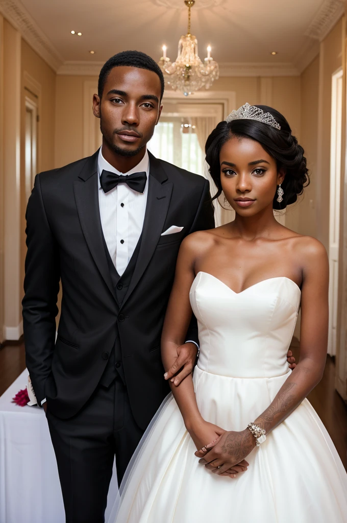 Create a wedding photo of A black african male and a British girl. Interracial couple. Slim face of girl.not so smooth so that looks like real photo