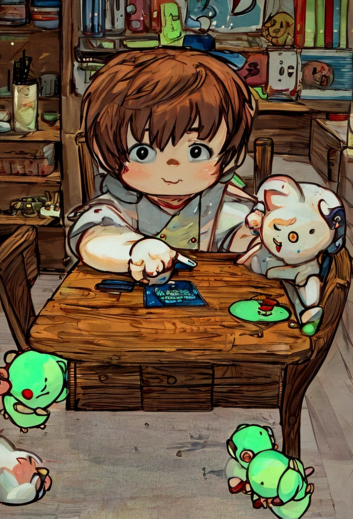 there is a that is sitting at a table with a bunch of stuff, cute cartoon character, cute digital art, realistic cute girl painting, cartoonish cute, cute detailed digital art, cute art style, adorable digital painting, cute cartoon, cute kawaii girl, cute cartoon style, small girl, cute character, cute artwork
