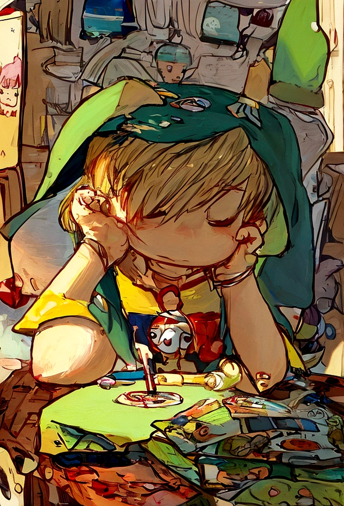 there is a that is sitting at a table with a bunch of stuff, cute cartoon character, cute digital art, realistic cute girl painting, cartoonish cute, cute detailed digital art, cute art style, adorable digital painting, cute cartoon, cute kawaii girl, cute cartoon style, small loli girl, cute character, cute artwork