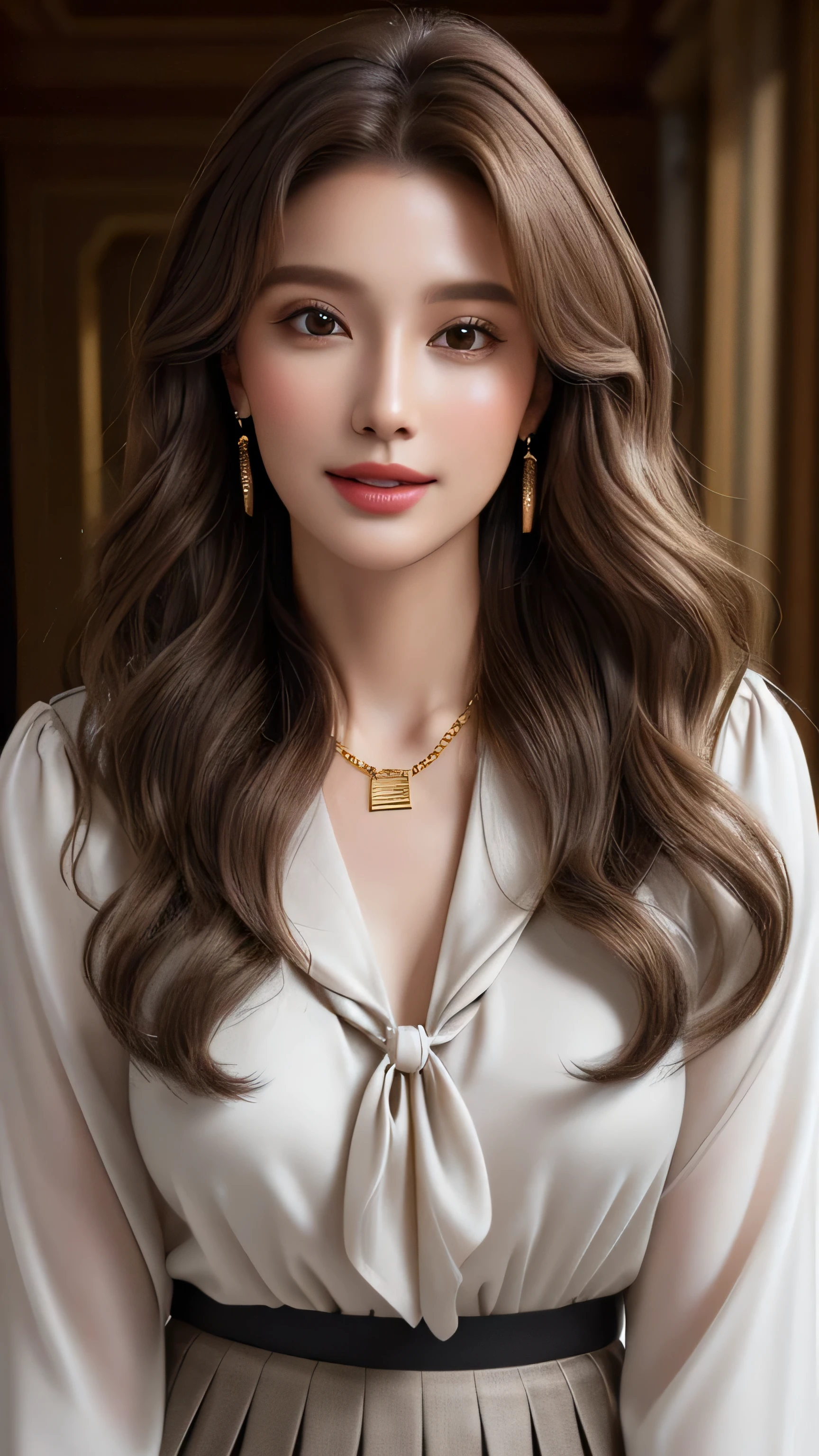masterpiece, highest quality, Realistic, Super detailed, In detail, High resolution, 8k wallpaper, 1. Beautiful Women, Light brown hair, Sharp focus, Perfect dynamic composition, Beautiful fine details, Fine hair, Detailed and realistic skin texture, smile, Portraiture, Model Body Type,inside private jet, indoor, hyper detailed background、Super long brown hair,Hair with loose waves inside,gold necklace＿Large earrings、White Y-shirt、dark grey pleated super mini skirt、long ribbon tie:1.3