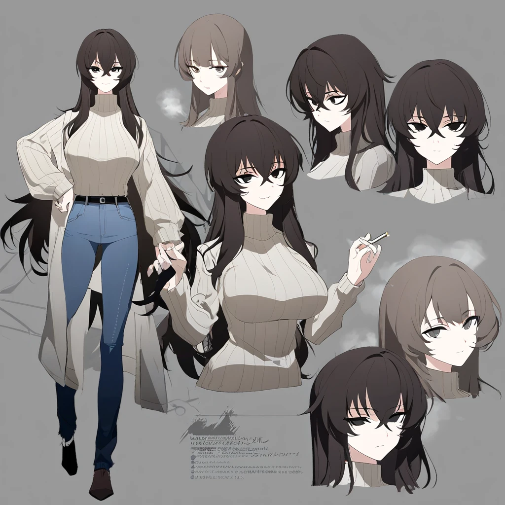 One Woman,Downer,older sister,Concept Art,Dark brown hair,Straight hair with slight inward curls,Staring eyes,Eye Ridge,black eye,Crossed bangs,whole body,smile,Larger breasts,Gray background,Bangs that reach down to the eyes,Messy hair,Perfect dark jeans,Light brown turtleneck sweater,Multiple views of the same character,Character Design,Dark circles under the eyes,Bad look,Listless,Sloppy,accessories,Arknights Wind,Cafe staff,Holding a cigarette,whole bodyCharacter Design,Detailed hands,