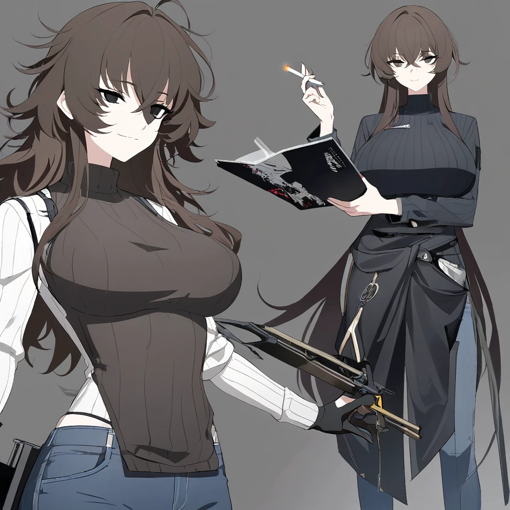 One Woman,Downer,older sister,Concept Art,Dark brown hair,Straight hair with slight inward curls,Staring eyes,Eye Ridge,black eye,Crossed bangs,whole body,smile,Larger breasts,Gray background,Bangs that reach down to the eyes,Messy hair,Perfect dark jeans,Light brown turtleneck sweater,Multiple views of the same character,Character Design,Dark circles under the eyes,Bad look,Listless,Sloppy,accessories,Arknights Wind,Cafe staff,Holding a cigarette,whole bodyCharacter Design,Detailed hands,