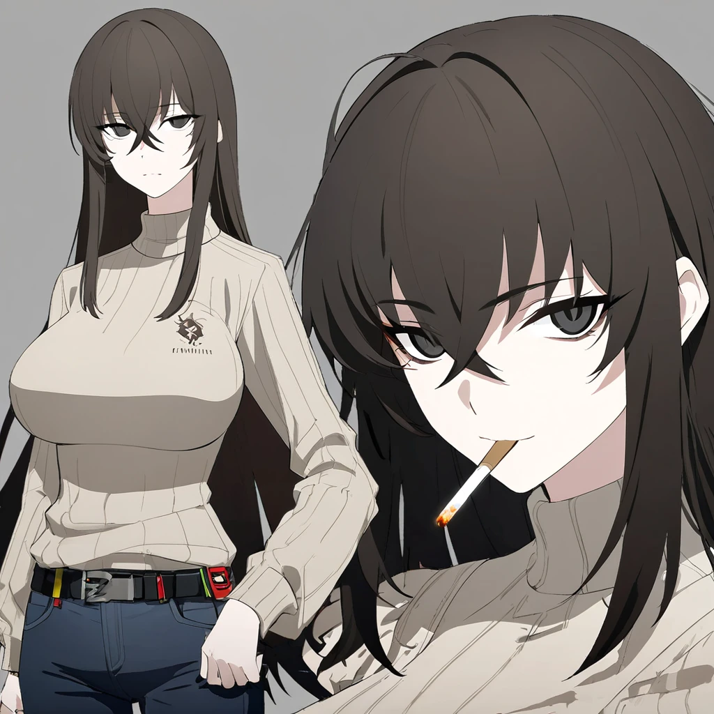 One Woman,Downer,older sister,Concept Art,Dark brown hair,Straight hair with slight inward curls,Staring eyes,Eye Ridge,black eye,Crossed bangs,whole body,smile,Larger breasts,Gray background,Bangs that reach down to the eyes,Messy hair,Perfect dark jeans,Light brown turtleneck sweater,Multiple views of the same character,Character Design,Dark circles under the eyes,Bad look,Listless,Sloppy,accessories,Arknights Wind,Cafe staff,Holding a cigarette,whole bodyCharacter Design,Detailed hands,