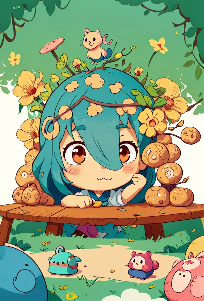 there is a that is sitting at a table with a bunch of stuff, cute cartoon character, cute digital art, realistic cute girl painting, cartoonish cute, cute detailed digital art, cute art style, adorable digital painting, cute cartoon, cute kawaii girl, cute cartoon style, small loli girl, cute character, cute artwork