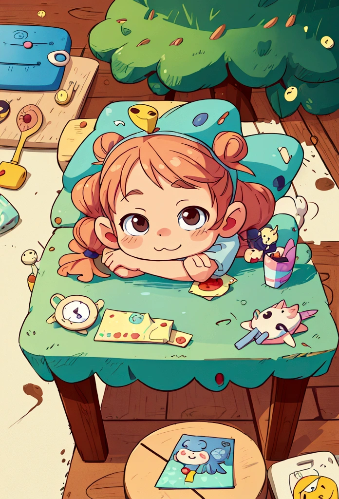 there is a  that is sitting at a table with a bunch of stuff, cute cartoon character, cute digital art, realistic cute girl painting, cartoonish cute, cute detailed digital art, cute art style, adorable digital painting, cute cartoon, cute kawaii girl, cute cartoon style, small loli girl, cute character, cute artwork