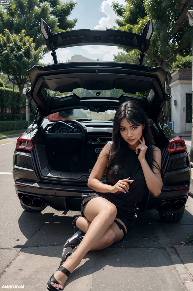 Wanita cantik tampak dari pintu mobil Lamborghini nya yang terbuka sambil memegang setir mobil nya