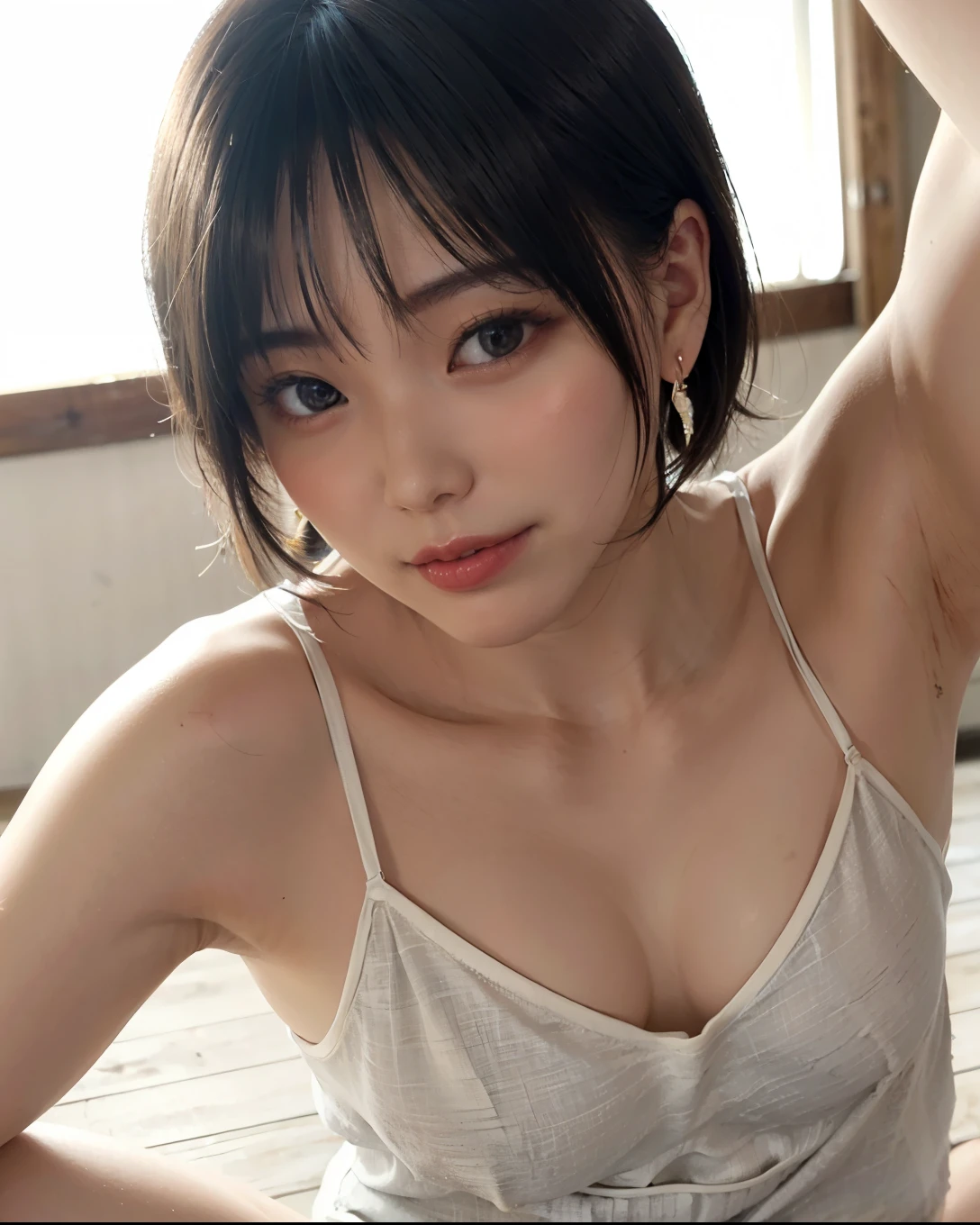 Woman wearing a camisole、(makeをしている無表情の女性:1.3), highest quality, One girl, ((Very small breasts:1.3))、((No underwear:1.5)), Gray solid background, bright, Blur the background, Bokeh, ((Lighting in your face:1.5))、((Close-up of face:1.3)), (make), (eye shadow), (Wearing a thin camisole:1.5), nice, (Short Bob Cut Hair:1.2), Beautifully detailed skies, Earrings, (Dynamic pose:1.2), (Upper Body:0.8), Soft lighting, Wind, Shiny skin,  