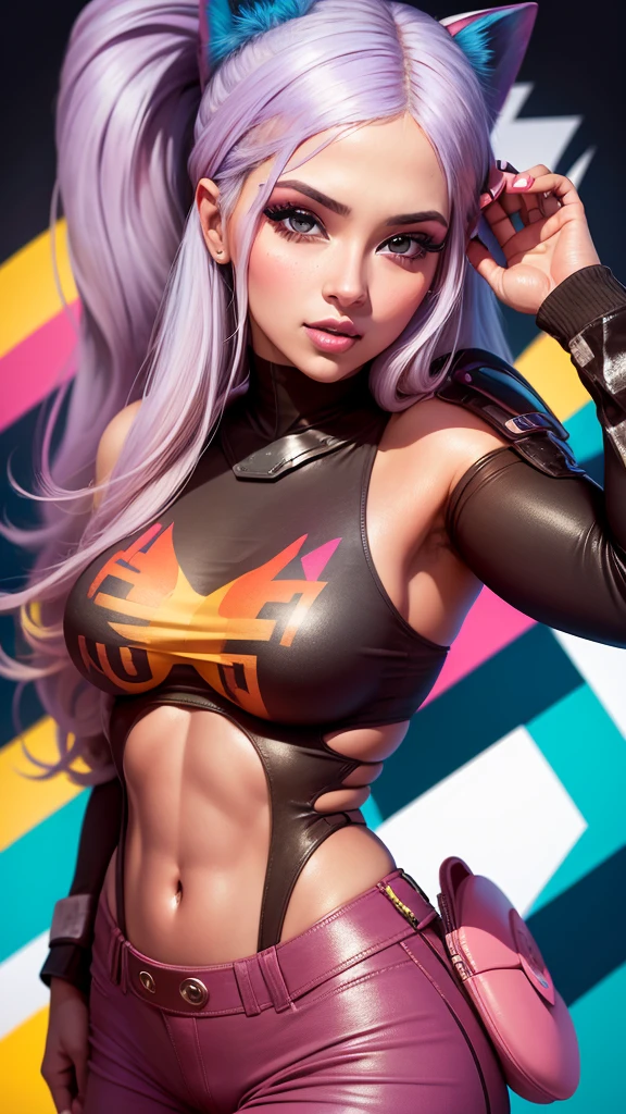 Una foto coloreada de una mujer con un maquillaje llamativo y un cabello de colores vivos, rodeada de elementos de la sociedad CG. En el fondo, you can see futuristic buildings and advanced technology, mientras que en primer plano, la mujer posa con una actitud desafiante. Vibrant pastel colors and pop art look give a unique touch to this colorful portrait.