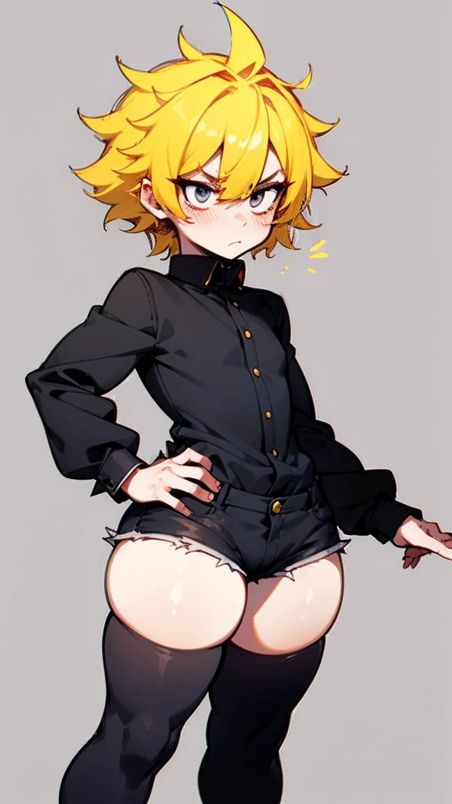 Tweek tweak, south park,(solo human male), (chibi:1.1), (cartoon eyes), 1boy,solo,half body, lower body,widen eyes,creepy eyes,innocent wide eyes, short eyelashes, (scared, nervous expression), (golden yellow short hair, spiky hair, neon yellow hair),(frightened,scared:1.1), blush,femboy,frown, standing, eyebags, (scared),(buttoned up shirt, long sleeves, mini shorts, thighhighs),bulge,flat chest,(flat colors, simple shading), (messy hair, rough messy hair, hair, spikey hair, fluffy hair),male solo, (short bangs, cut bangs), (messy spiky hair:1.1),thick thighs,wide thighs, wide hips, (large thighs, thick thighs, wide hips:1.1), thick body, wide hips) curvy, (thick thighs:1.0),(surprised eyes),frown,light blush, (widen eyes, shrunken eyes:1.1), black eyes, (shota, small male, short, boy, solo male), (surprised eyes), absurdres, ultra-highres,best quality, solo, nice hands, perfect hands, curvy