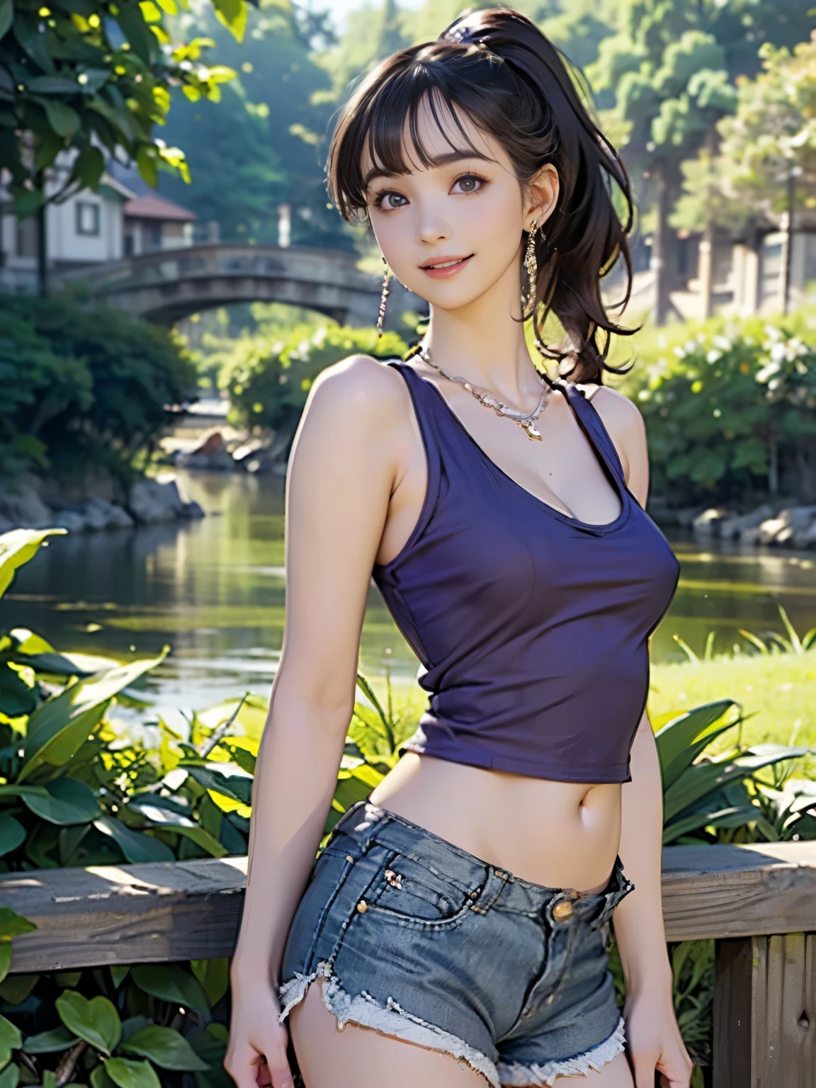 ((((highest quality))))、(((Ultra-precision CG16K wallpaper)))、(((masterpiece)))、(((Super detailed)))、(((Extreme detail)))、((1Mature 29 year old woman:1.6))、((Very beautiful Japan face of a person))、((Urizane Face:1.6))、((Soft wavy medium long ponytail hair、blunt bangs:1.3))、(Shiny brown hair)、A delicately drawn beautiful face、eyeliner、Eyeshadow、High nose、Small nostrils、Small Mouth、Seductive lips、Beautiful breasts、((C cup size breasts))、Cleavage、Beautiful feet、eight-headed body、Perfect proportions、Perfect Anatomy、Perfect composition、Beautiful detailed shading、Beautiful, natural lighting、Beautiful detail glow、Depth of written boundary、(((High chroma)))、(((Real:1.9)))、((vivid:1.5))、((Beautiful Skin))、((Skin Texture))、((Realな皮膚感))、(((Cowboy Shot:1.6)))、((front view、shoot from front、front low angle:1.6))、(((smile:1.7)))、((The woman is looking at this、looking at viewer:1.6))、Bright daylight、Natural light、(((bridge、river、null:1.5)))、(Gravure idol standing pose:1.6)、(((Light purple loose tank top&Low-rise short pants:1.6)))、((necklace、Wearing earrings:1.5))、((Knee-high socks))、