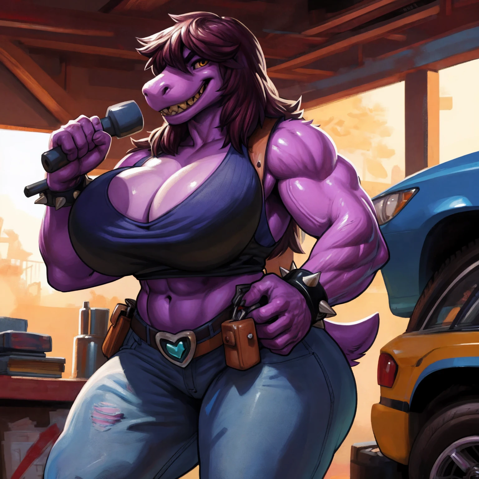 (Solo:1.2), susie deltarune, smooth skin, 1girl, (female:1.5), susie, reptilian, dark hair, messy hair, yellow eyes, muscular, chunky, stocky, thickset, (huge breasts:1.2), cleavage, broad shoulders, wide hips, huge ass, short tail, (nipple outline:0.85), thick legs, bare midriff, abs, muscular thighs, standing upright, casual posture, (laughing), dirty tank top, spiked bracelets, jeans, (heart shaped belt buckle:1.2), looking at viewer, yellow teeth, uploaded to e621.net, masterpiece, 8k, realistic textures, realistic lighting, highly detailed, (tool belt:1.5), mechanic, indoors, garage, workshop, cars in background, by darkgem, by meesh, by boosterpang, by BNG,
