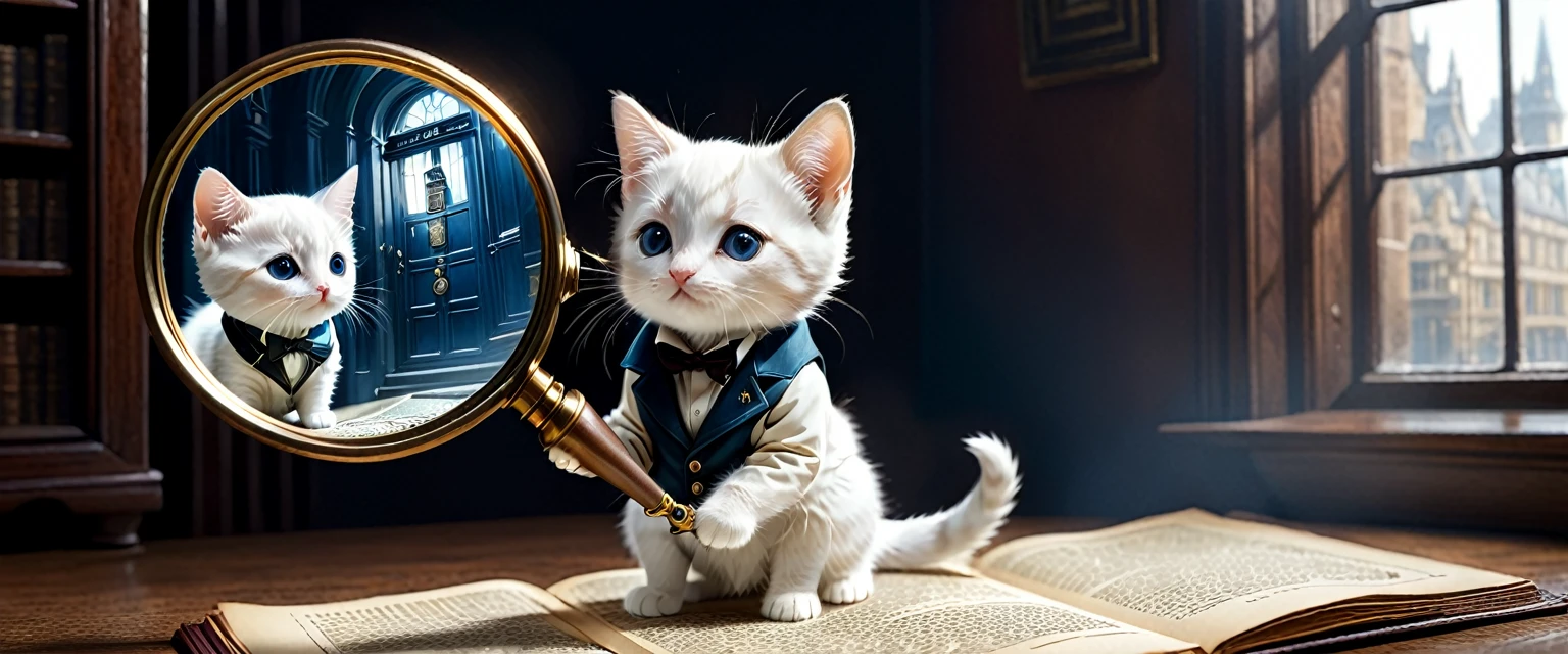 C4tt4stic, set in late 19th century London, looking through a magnifying glass, illustration of a small cute creature, small cute creature dressed in detective Sherlock Holmes costume, fantasy art, intricate detail, Jean-Baptiste Monge style, Jean-Baptiste Monge style Alan Lee style, anthropomorphic white kitten, movie scene, dramatic shot angle, atmospheric particles, realistic, raw cinematic photorealism, action portrait, 8k, detail, center, full frame