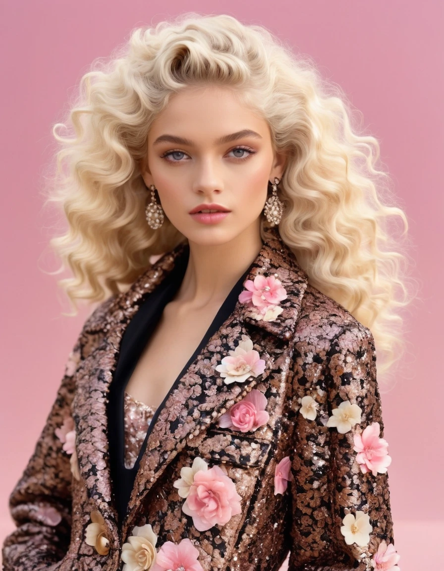 very attractive 25 year old with long very curly platinum blonde hair. Black and brown combination，Classic floral vintage chanel super short coat，Pair it with a beige top and a maxi pink beige sequin dress，flowing shimmering fabrics，Inspired by the Chanel show
INFO
