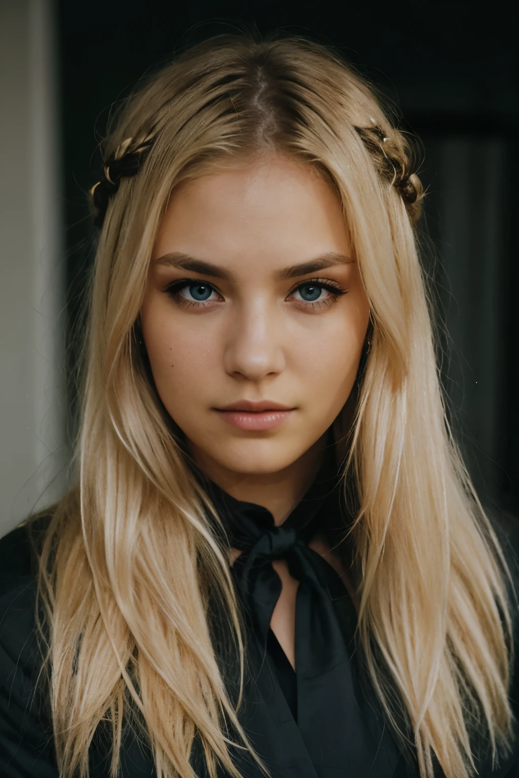 Blonde with tied hair and dark theme eye contact