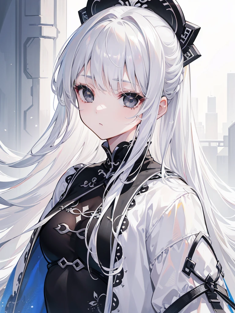 (Top image quality)、(Ultra Detailed)、(Facing forward)、top quality、masterpiece、(((1 girl)))、Silver Hair、white hair、((Long hair))、(black eyes:1.6)、(Fu Xuan)