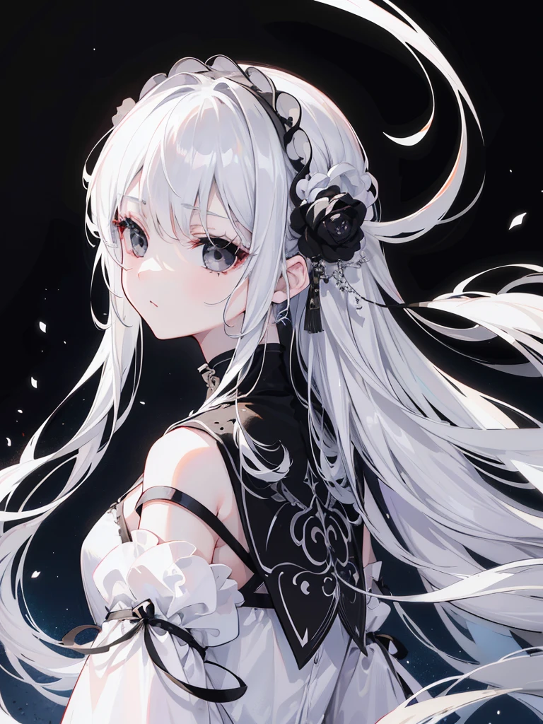 (Top image quality)、(Ultra Detailed)、(Facing forward)、top quality、masterpiece、(((1 girl)))、Silver Hair、white hair、((Long hair))、(black eyes:1.6)、(Fu Xuan)