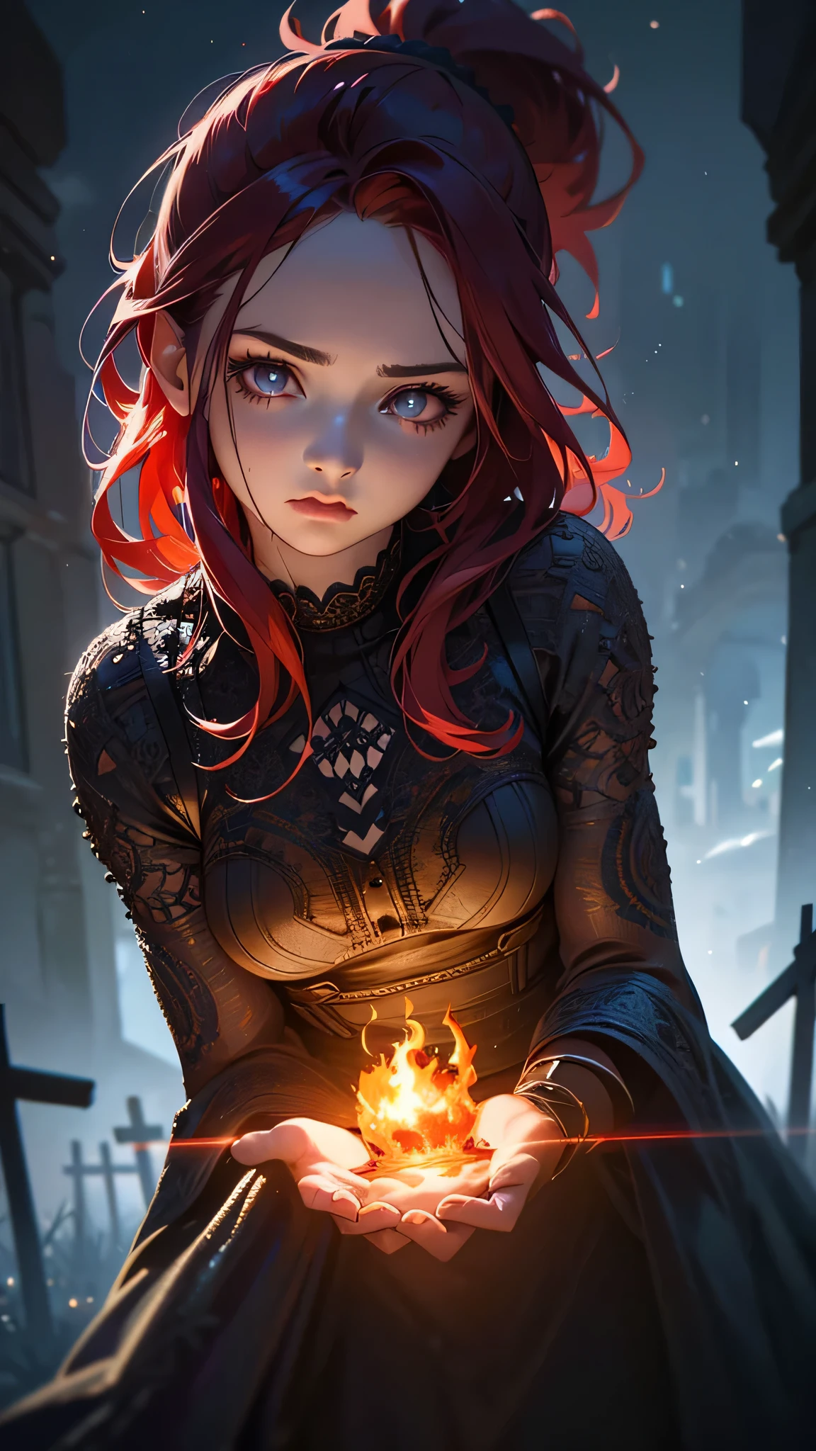 A beautiful girl with a red ponytail, dancing in red flames, in a graveyard, highly detailed, high quality, photorealistic, masterpiece, (best quality,4k,8k,highres,masterpiece:1.2),ultra-detailed,(realistic,photorealistic,photo-realistic:1.37),extremely detailed eyes and face,long eyelashes,beautiful detailed lips,highly detailed character,highly detailed environment,dramatic lighting,moody atmosphere,dark fantasy,gothic,cinematic,intricate details,vibrant colors
