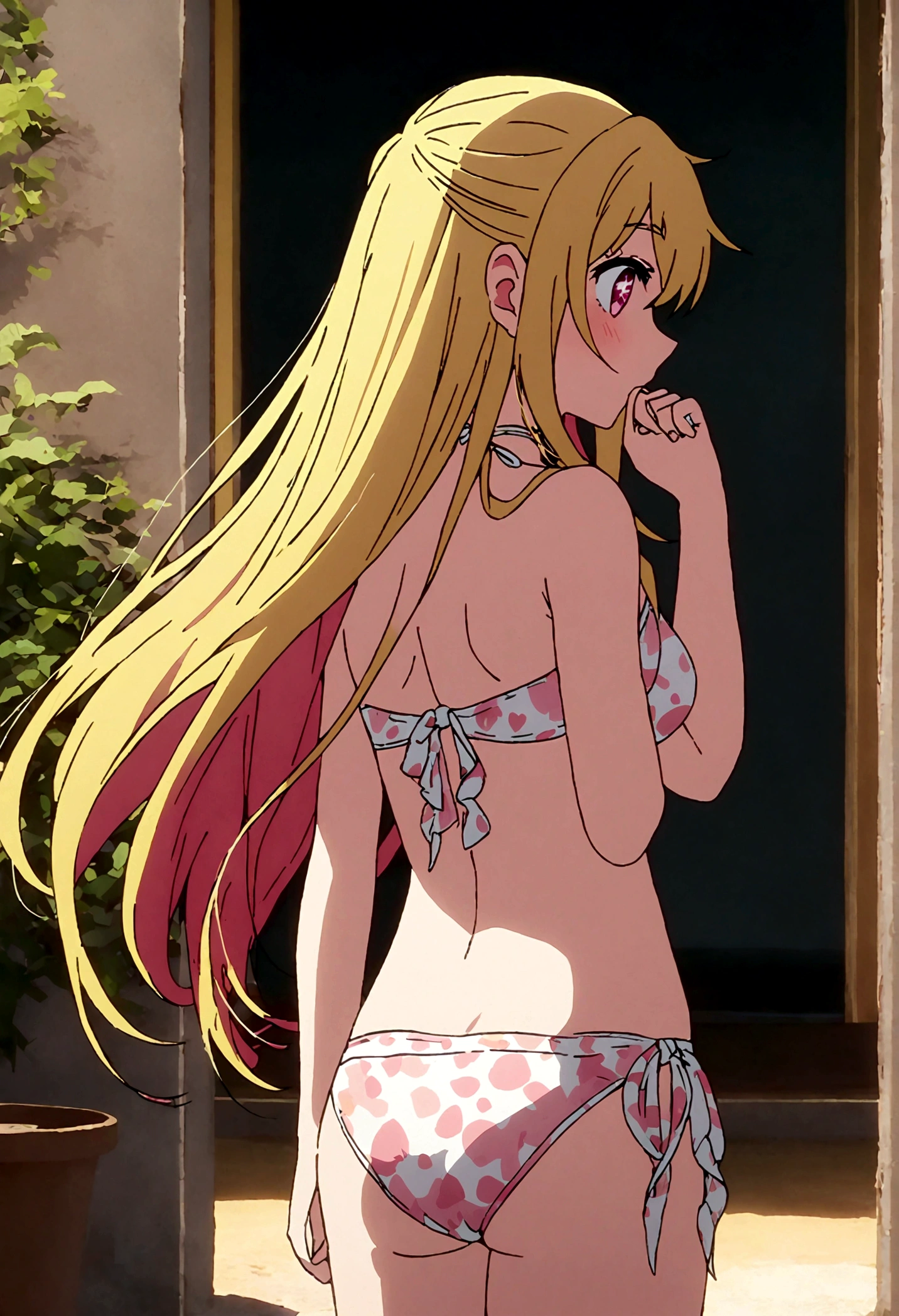 hoshinoruby, star-shaped pupils, ruby_hoshino, blonde hair, bangs, 1girl, pink eyes, long hair, bikini, cowboy shot, back view,