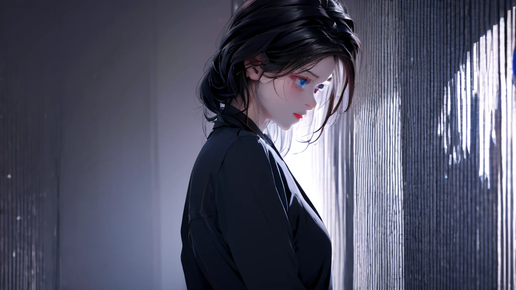 1 girl, medium light black hair, light blue eyes, wearing black suit, night city, 18+ , high res, ultrasharp, 8K, masterpiece, looking from behind
